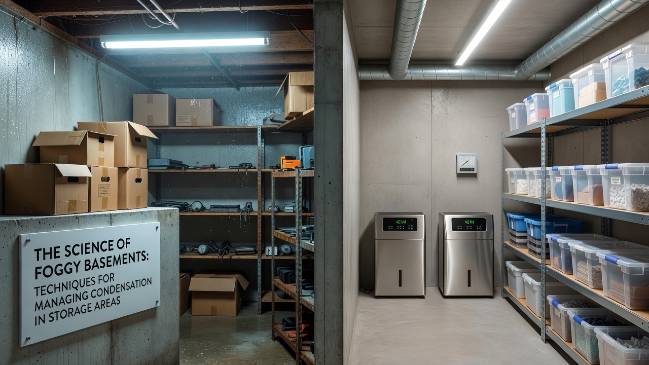 Photograph of a basement storage area with dehumidifier, vapor barrier installation, and elevated shelving demonstrating practical condensation control methods