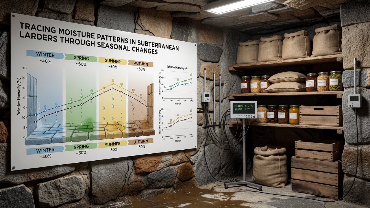 Sensor array installed in a stone-lined larder recording humidity gradients across multiple wall heights