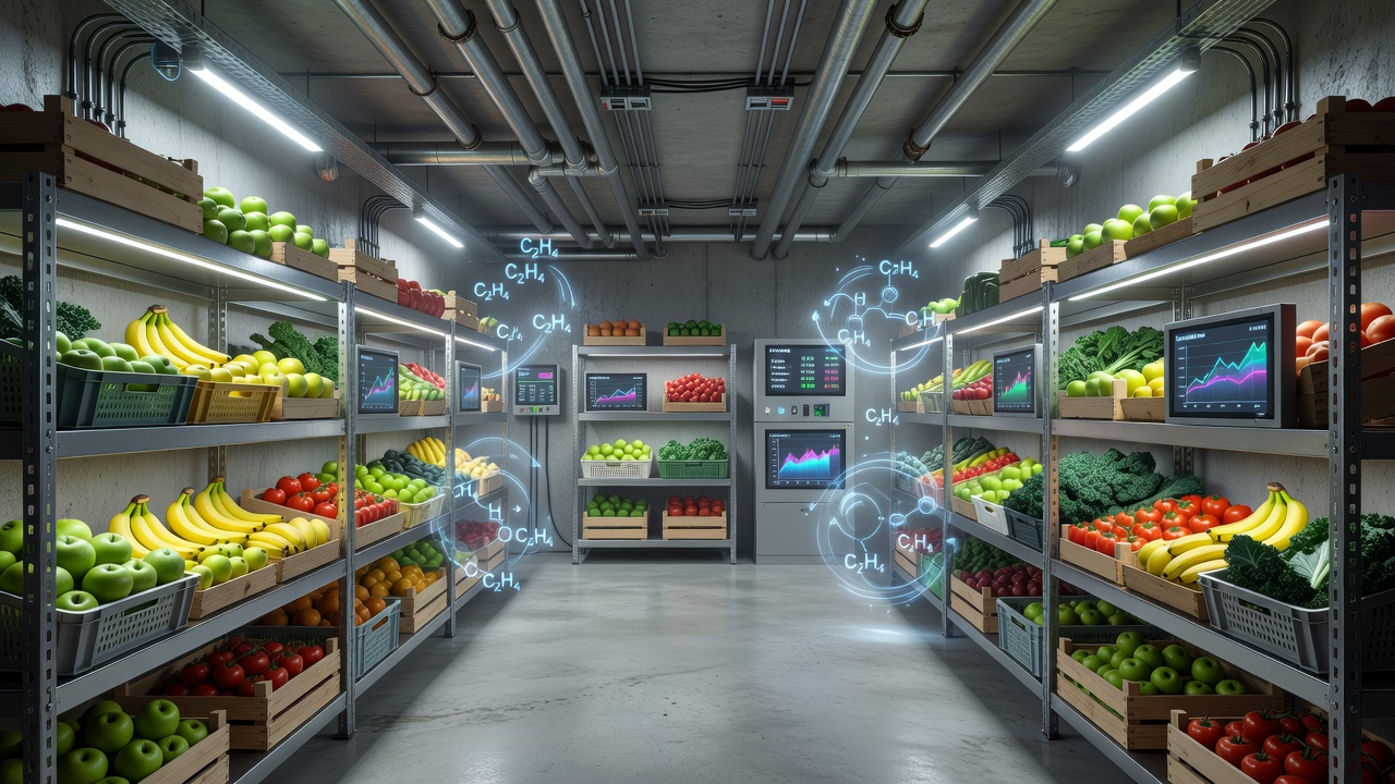Close-up of ethylene monitoring equipment and ventilation controls inside a produce storage vault